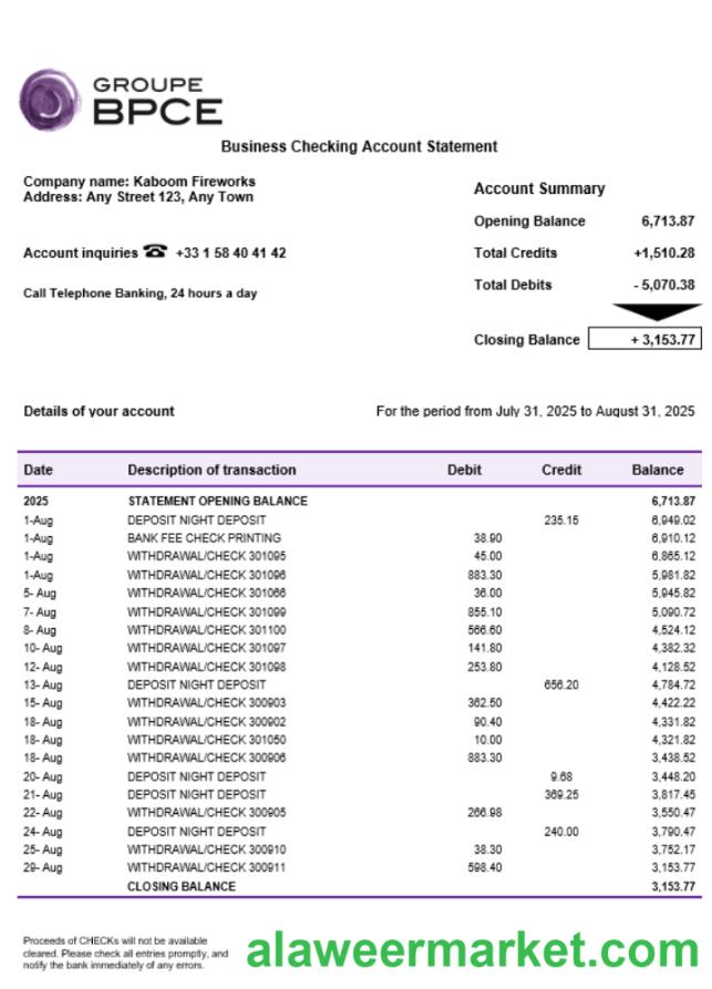 Groupe BPCE bank account business statement Word and PDF format
